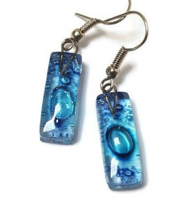 Small Rectangular blue recycled Glass Earrings. Fused Glass Jewelry - Handmade Recycled Glass Jewelry