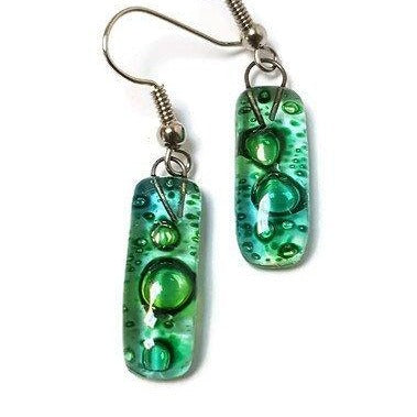 Small Rectangular Green recycled Glass Earrings. Fused Glass Jewelry - Handmade Recycled Glass Jewelry