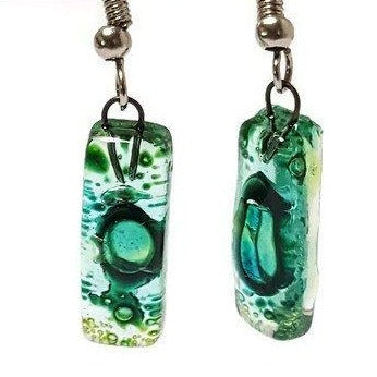 Small Rectangular Green recycled Glass Earrings. Fused Glass Jewelry - Handmade Recycled Glass Jewelry