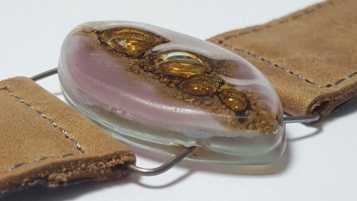 Leather cuff. Lilac  and  Brown Fused Glass and  light Brown leather Bracelet.