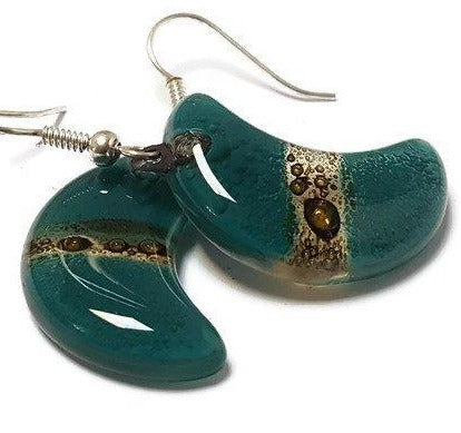 Teal and Brown Moon Earrings Recycled Glass Drop Earrings. Glass Jewelry - Handmade Recycled Glass Jewelry
