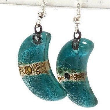 Teal and Brown Moon Earrings Recycled Glass Drop Earrings. Glass Jewelry - Handmade Recycled Glass Jewelry
