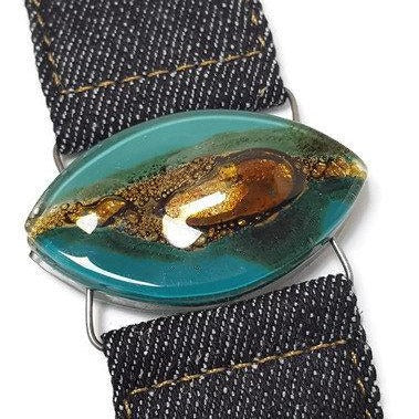 Teal Brown Fused Glass and reclaimed Denim Cuff. Bracelet.