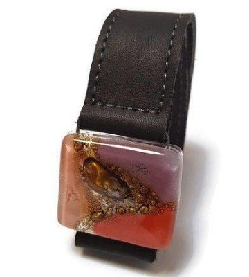 Red, pink, lilac and brown Recycled Glass and black leather cuff. Reclaimed Leather Bracelet - Handmade Recycled Glass Jewelry