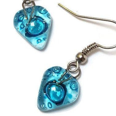 Small turquoise Earrings. Heart Shape Recycled glass Jewelry. Fused glass Pink drop Earrings. - Handmade Recycled Glass Jewelry