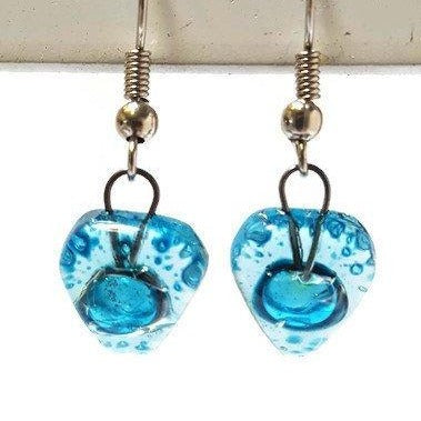 Small turquoise Earrings. Heart Shape Recycled glass Jewelry. Fused glass Pink drop Earrings. - Handmade Recycled Glass Jewelry