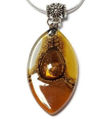 Beige, terracota, Brown and White Fused Glass leaf Pendant. Recycled Glass Necklace - Handmade Recycled Glass Jewelry