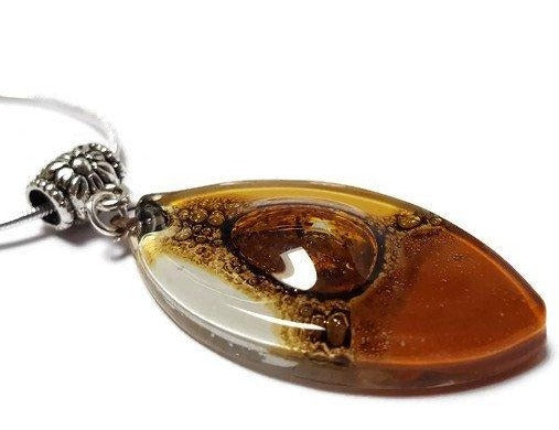 Beige, terracota, Brown and White Fused Glass leaf Pendant. Recycled Glass Necklace - Handmade Recycled Glass Jewelry