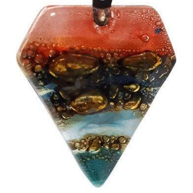Red, Blue, teal and Brown Fused Glass Pendant. Recycled Glass Necklace - Handmade Recycled Glass Jewelry