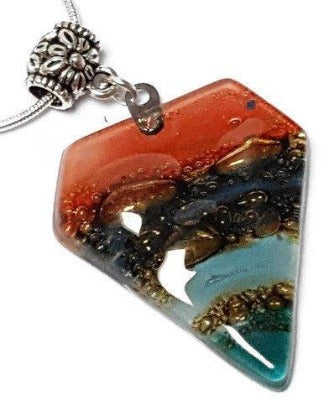 Red, Blue, teal and Brown Fused Glass Pendant. Recycled Glass Necklace - Handmade Recycled Glass Jewelry