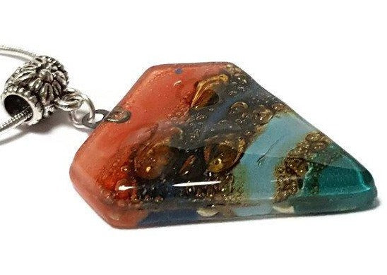 Red, Blue, teal and Brown Fused Glass Pendant. Recycled Glass Necklace - Handmade Recycled Glass Jewelry