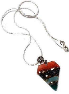 Red, Blue, teal and Brown Fused Glass Pendant. Recycled Glass Necklace - Handmade Recycled Glass Jewelry