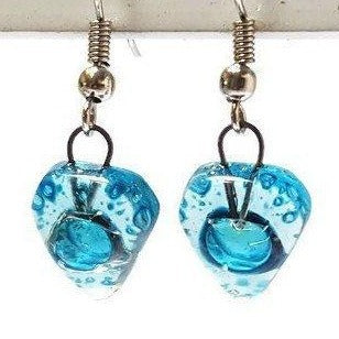 Small turquoise Earrings. Heart Shape Recycled glass Jewelry. Fused glass Pink drop Earrings. - Handmade Recycled Glass Jewelry