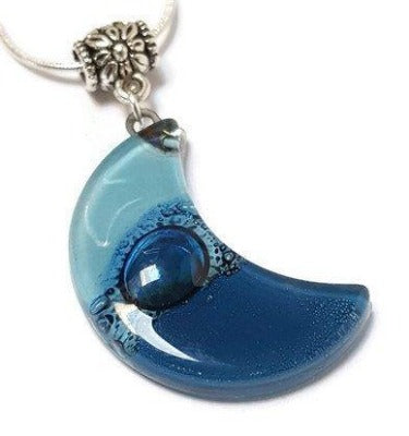 Blue Moon Recycled Glass pendant. Fused Glass Necklace.