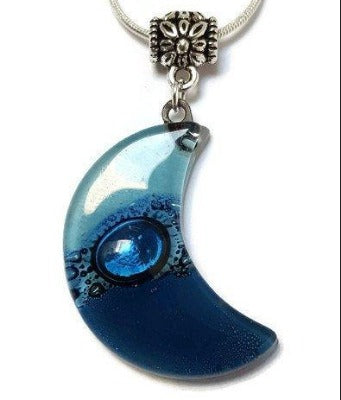 Blue Moon Recycled Glass pendant. Fused Glass Necklace.