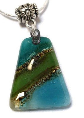 Green, teal and Brown Fused Glass small Pendant. Recycled Glass Necklace