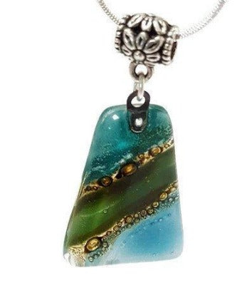 Green, teal and Brown Fused Glass small Pendant. Recycled Glass Necklace