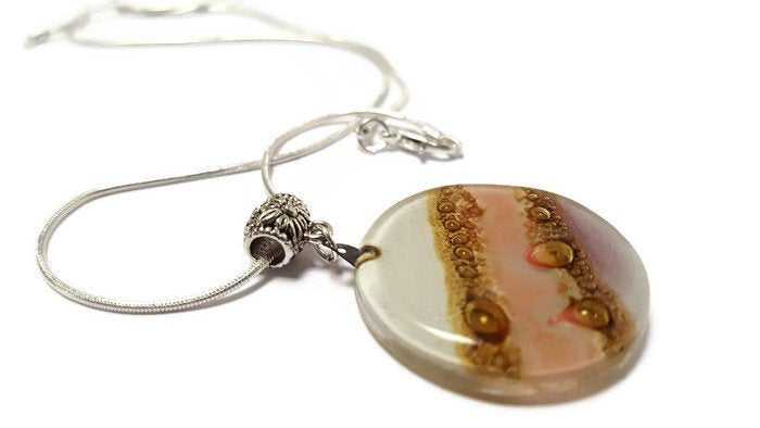 Pink, lilac, White and Brown Round Recycled Glass Pendant