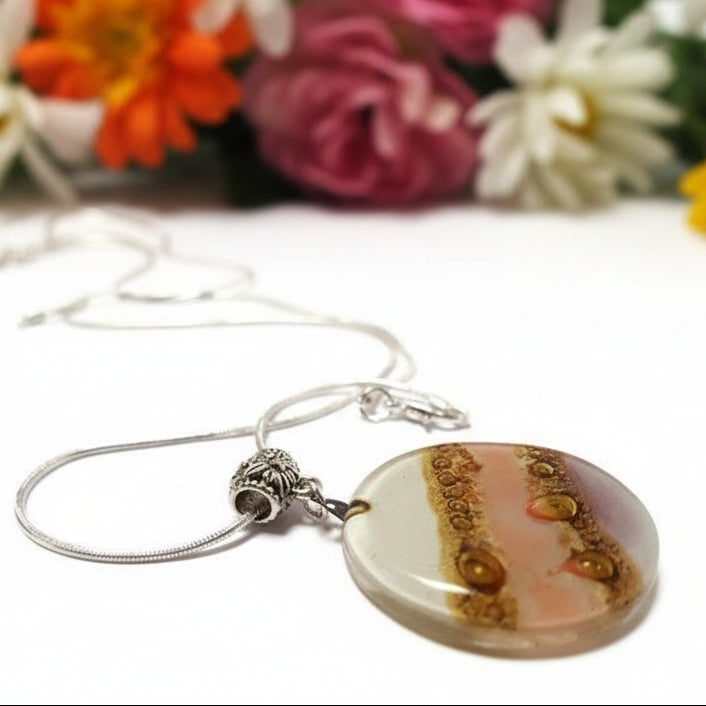Pink, lilac, White and Brown Round Recycled Glass Pendant
