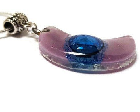 Lilac and Blue Moon shape Recycled Glass pendant. Fused Glass Necklace.