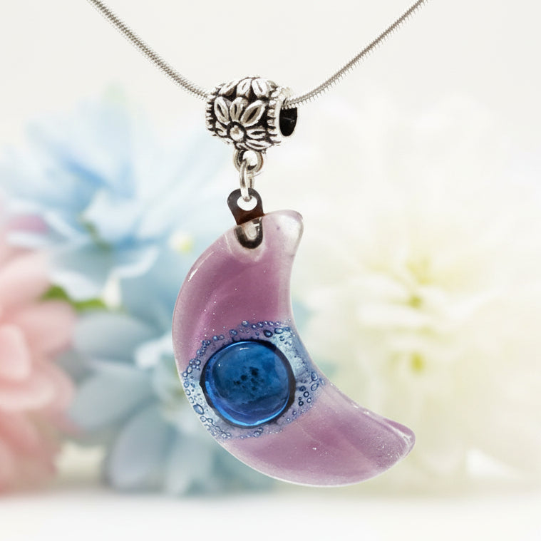 Lilac and Blue Moon shape Recycled Glass pendant. Fused Glass Necklace.