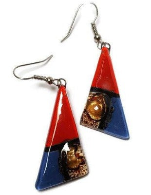 Red, Brown and blue triangle Earrings Long drop Earrings. Recycled Fused Glass dangle earrings
