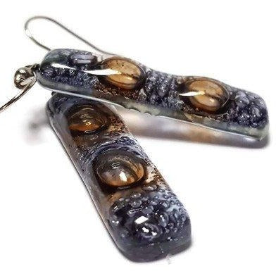 Clear lilac and Brown bars... Lots of bubbles. Recycled Fused Glass Dangling earrings