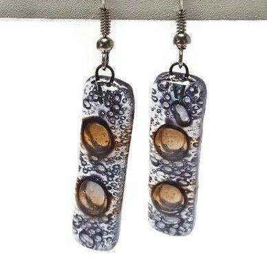 Clear lilac and Brown bars... Lots of bubbles. Recycled Fused Glass Dangling earrings