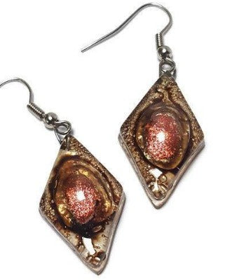 Caramel brown and copper Earrings Diamond Shaped Earrings Recycled fused glass Earrings