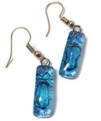 Small Rectangular blue recycled Glass Earrings. Fused Glass Jewelry - Handmade Recycled Glass Jewelry