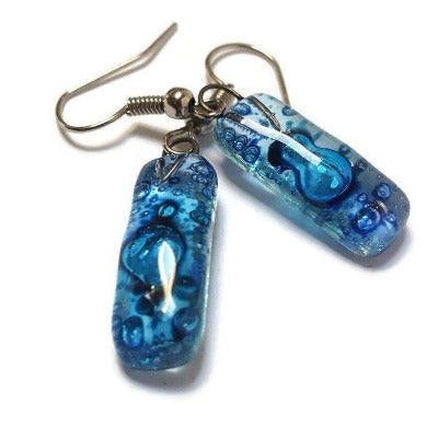 Small Rectangular blue recycled Glass Earrings. Fused Glass Jewelry - Handmade Recycled Glass Jewelry