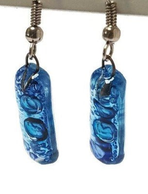 Small Rectangular blue recycled Glass Earrings. Fused Glass Jewelry - Handmade Recycled Glass Jewelry