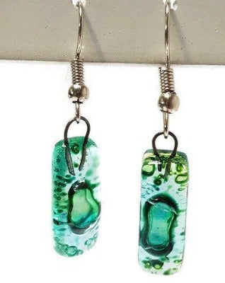 Small Rectangular Green recycled Glass Earrings. Fused Glass Jewelry - Handmade Recycled Glass Jewelry