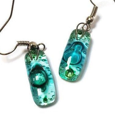 Small Rectangular Green recycled Glass Earrings. Fused Glass Jewelry - Handmade Recycled Glass Jewelry