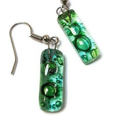 Small Rectangular Green recycled Glass Earrings. Fused Glass Jewelry - Handmade Recycled Glass Jewelry