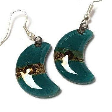 Teal and Brown Moon Earrings Recycled Glass Drop Earrings. Glass Jewelry - Handmade Recycled Glass Jewelry