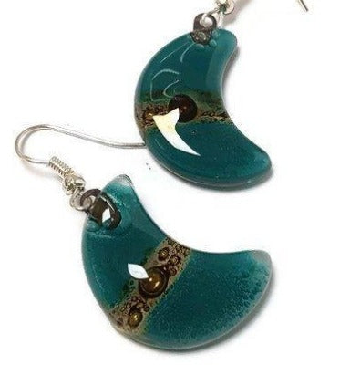 Teal and Brown Moon Earrings Recycled Glass Drop Earrings. Glass Jewelry - Handmade Recycled Glass Jewelry
