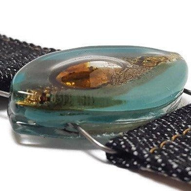 Teal Brown Fused Glass and reclaimed Denim Cuff. Bracelet.