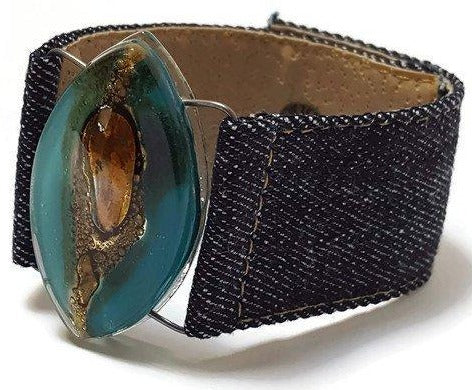 Teal Brown Fused Glass and reclaimed Denim Cuff. Bracelet.