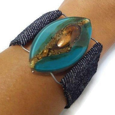 Teal Brown Fused Glass and reclaimed Demin Cuff. Bracelet. - Handmade Recycled Glass Jewelry