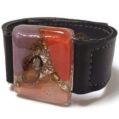 Red, pink, lilac and brown  Recycled Glass and black leather cuff. Reclaimed Leather Bracelet - Handmade Recycled Glass Jewelry