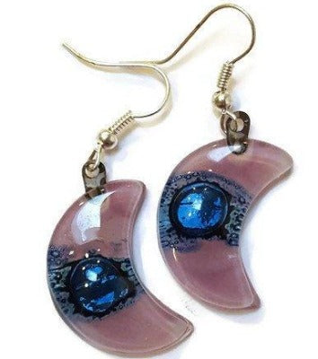 Moon Earrings. Lilac and blue Recycled Glass Drop Earrings. Dangle earrings