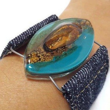 Teal Brown Fused Glass and reclaimed Denim Cuff. Bracelet.