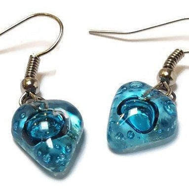 Small turquoise Earrings. Heart Shape Recycled glass Jewelry. Fused glass Pink drop Earrings. - Handmade Recycled Glass Jewelry