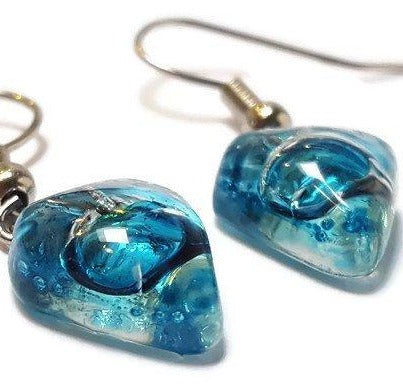 Small turquoise Earrings. Heart Shape Recycled glass Jewelry. Fused glass Pink drop Earrings. - Handmade Recycled Glass Jewelry