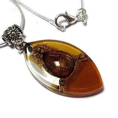 Beige, terracota, Brown and White Fused Glass leaf Pendant. Recycled Glass Necklace - Handmade Recycled Glass Jewelry