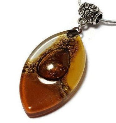 Beige, terracota, Brown and White Fused Glass leaf Pendant. Recycled Glass Necklace - Handmade Recycled Glass Jewelry