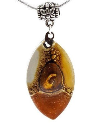 Beige, terracota, Brown and White Fused Glass leaf Pendant. Recycled Glass Necklace - Handmade Recycled Glass Jewelry