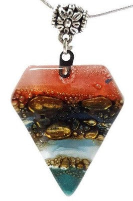 Red, Blue, teal and Brown Fused Glass Pendant. Recycled Glass Necklace - Handmade Recycled Glass Jewelry