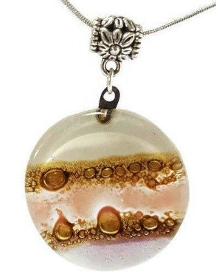 Pink, lilac, White and Brown Round Recycled Glass Pendant